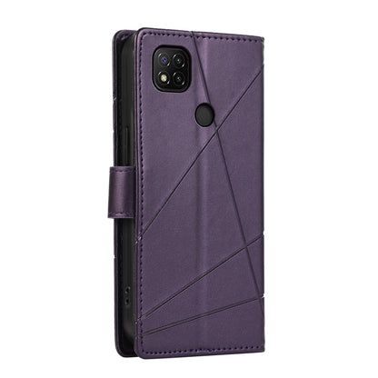 Xiaomi Redmi 9C PU Genuine Leather Texture Embossed Line Phone Case with Card Wallet, Kickstand & Wrist Strap