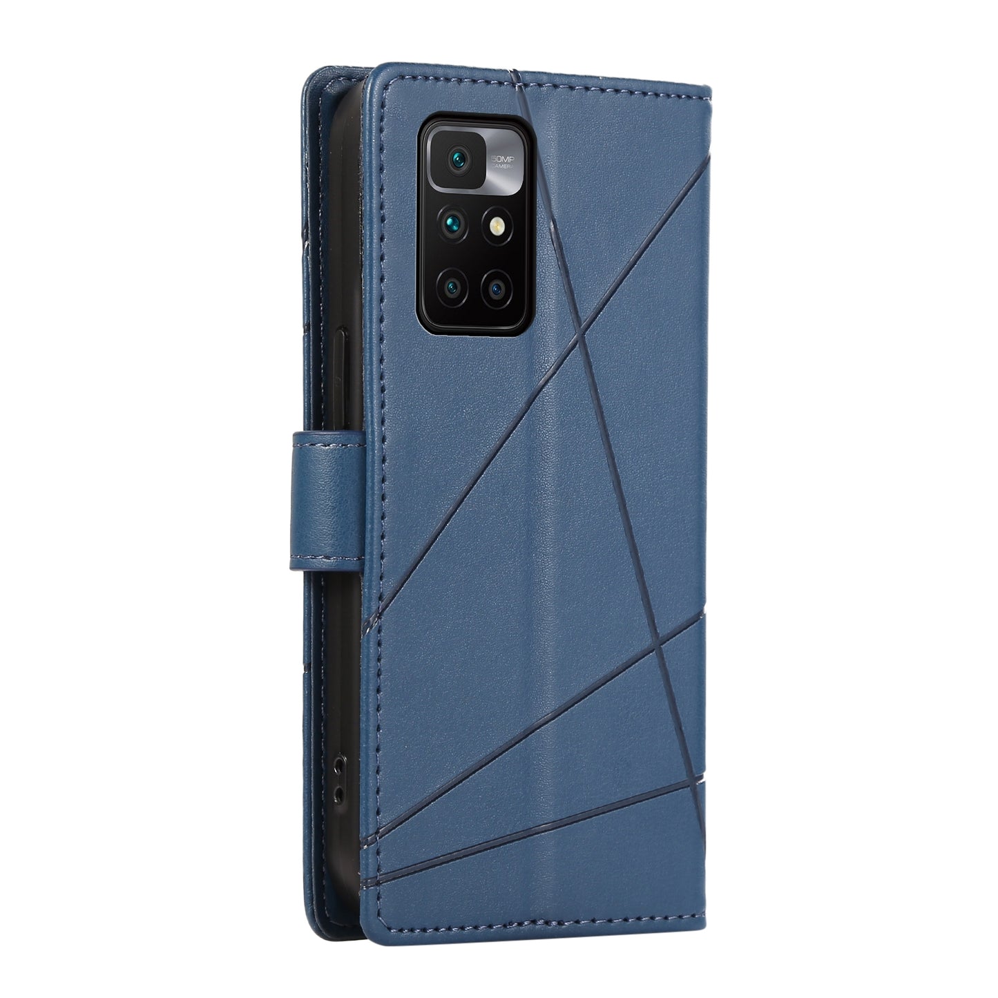Xiaomi Redmi 10 2022 PU Genuine Leather Texture Embossed Line Phone Case with Card Wallet, Kickstand & Wrist Strap