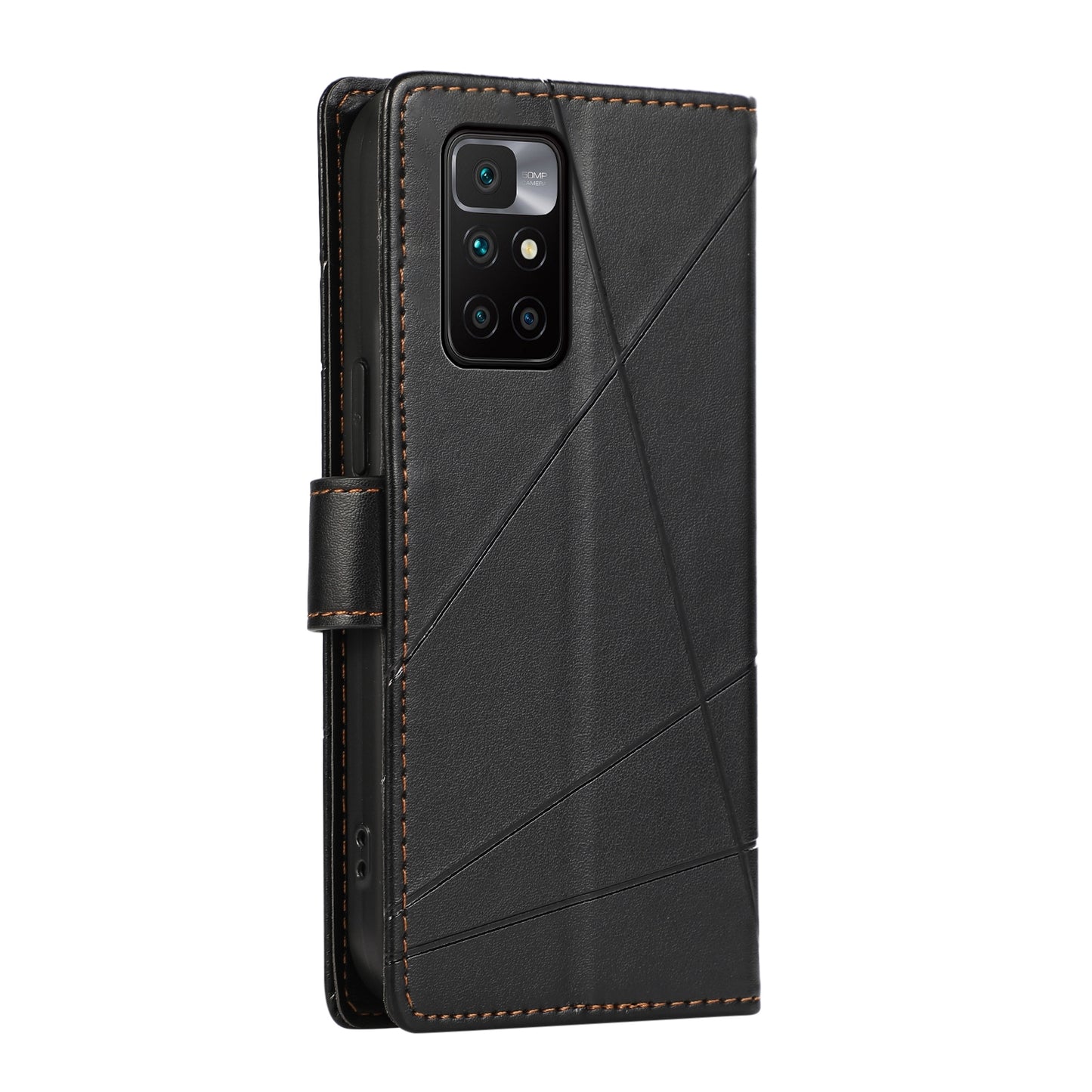 Xiaomi Redmi 10 2022 PU Genuine Leather Texture Embossed Line Phone Case with Card Wallet, Kickstand & Wrist Strap