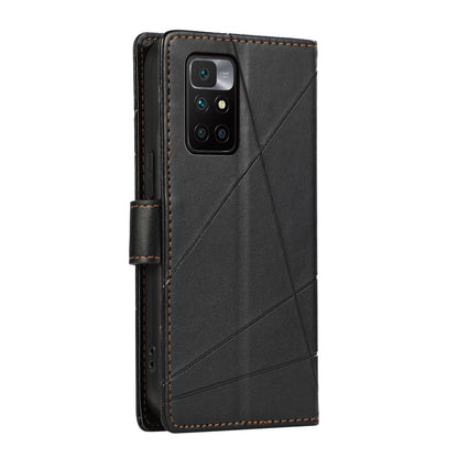Xiaomi Redmi 10 2022 PU Genuine Leather Texture Embossed Line Phone Case with Card Wallet, Kickstand & Wrist Strap