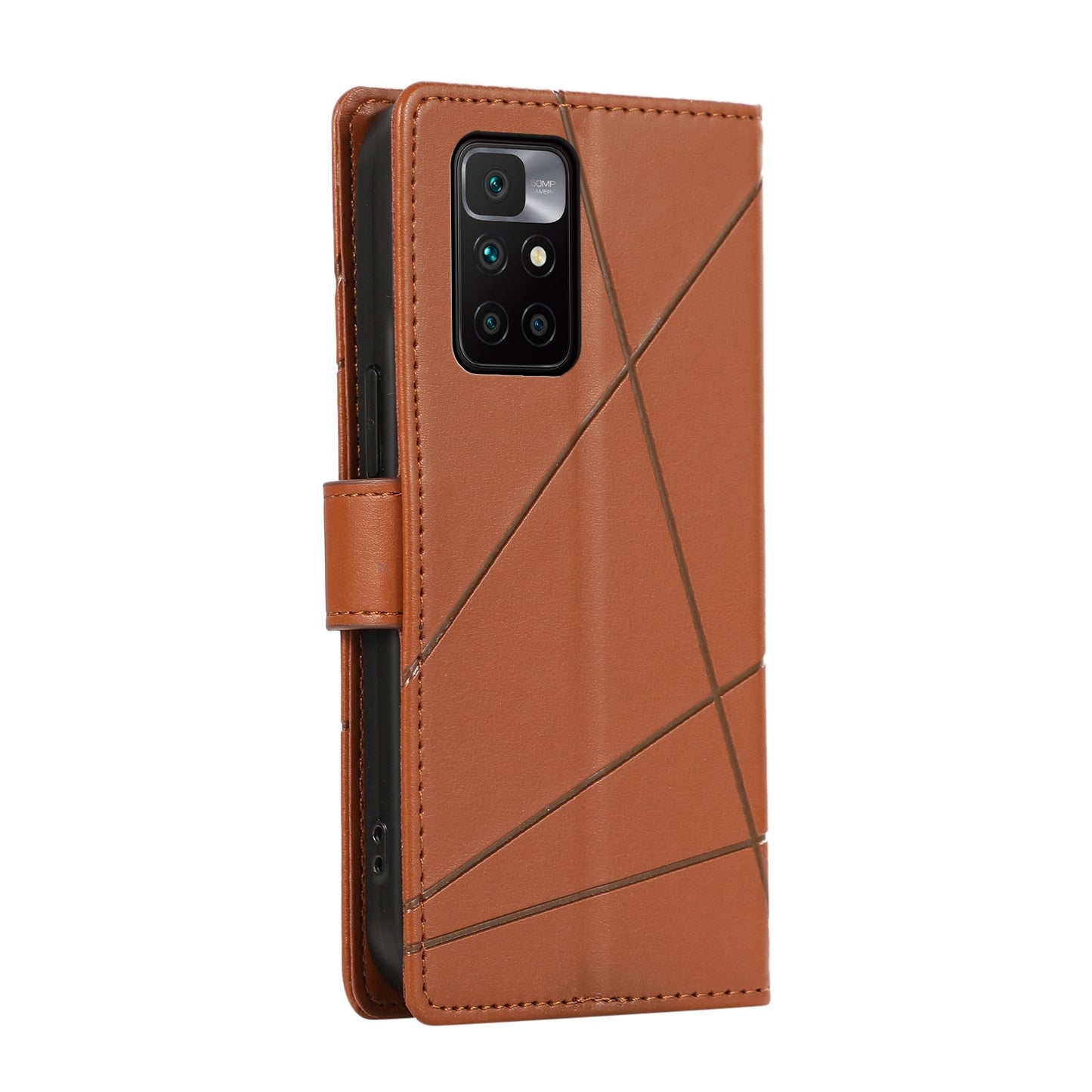 Xiaomi Redmi 10 2022 PU Genuine Leather Texture Embossed Line Phone Case with Card Wallet, Kickstand & Wrist Strap