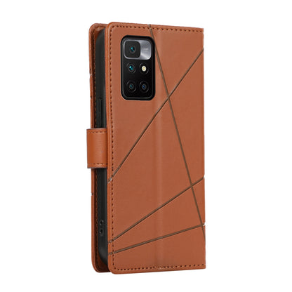 Xiaomi Redmi 10 2022 PU Genuine Leather Texture Embossed Line Phone Case with Card Wallet, Kickstand & Wrist Strap