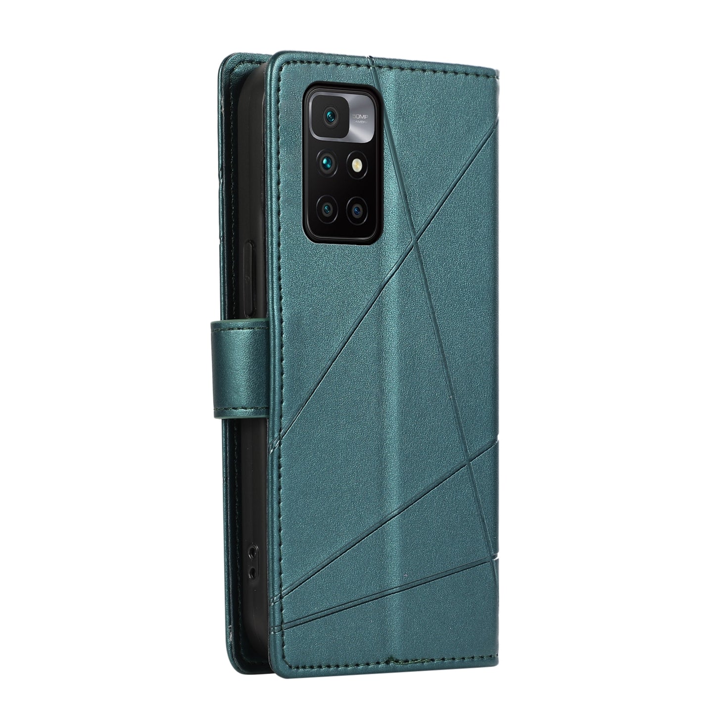 Xiaomi Redmi 10 2022 PU Genuine Leather Texture Embossed Line Phone Case with Card Wallet, Kickstand & Wrist Strap