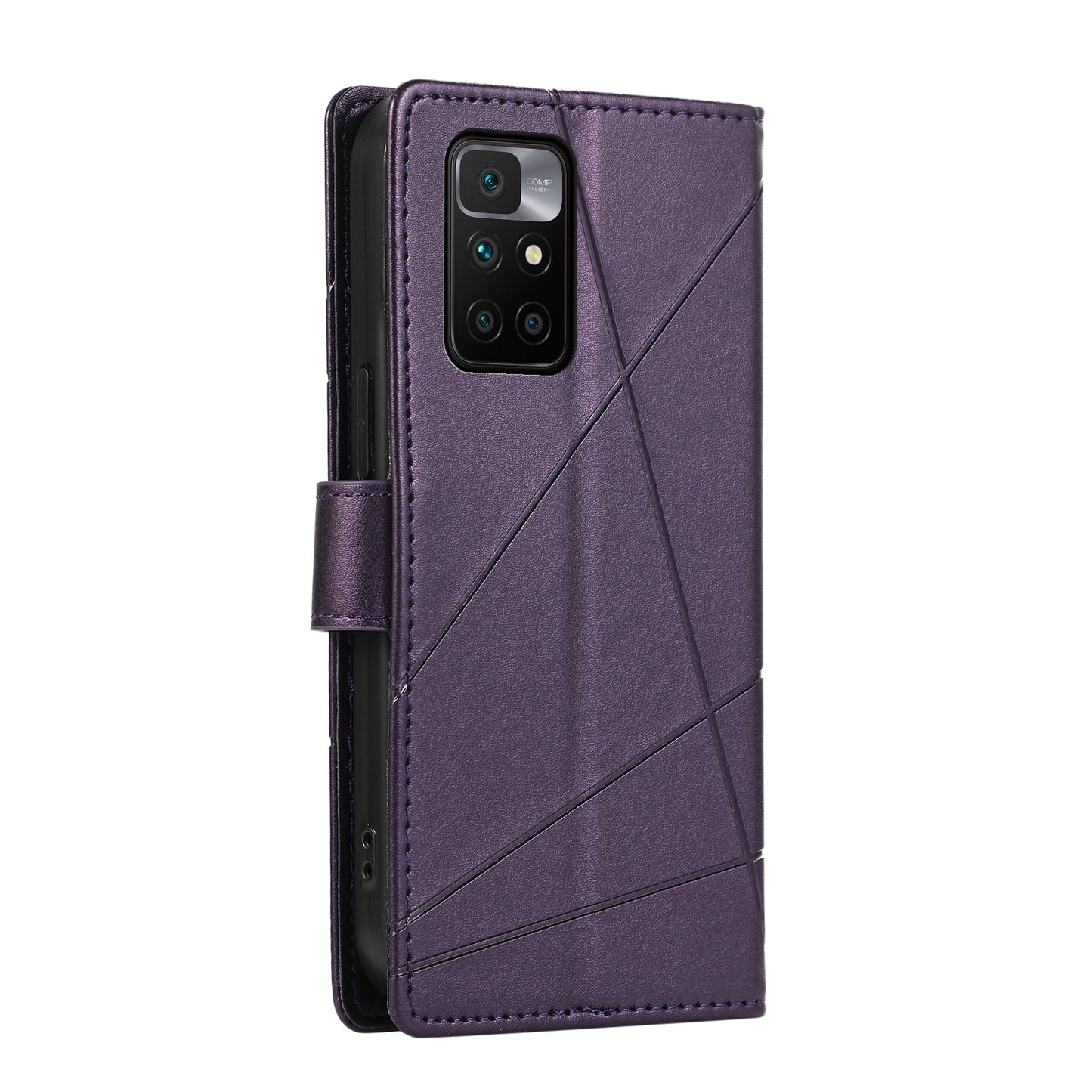 Xiaomi Redmi 10 2022 PU Genuine Leather Texture Embossed Line Phone Case with Card Wallet, Kickstand & Wrist Strap