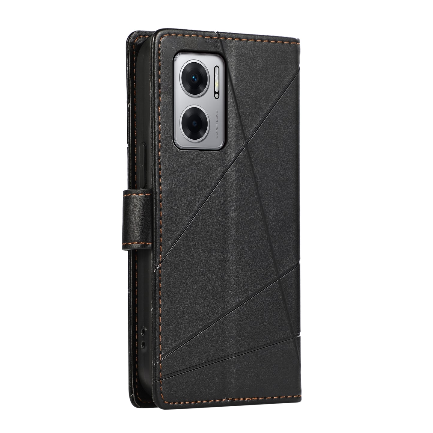Xiaomi Redmi 10 5G PU Genuine Leather Texture Embossed Line Phone Case with Card Wallet, Kickstand & Wrist Strap