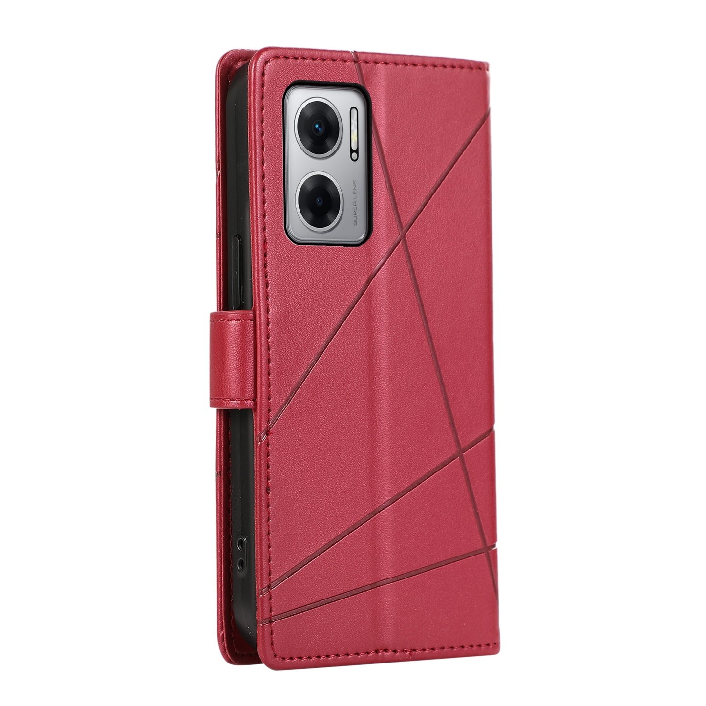 Xiaomi Redmi 10 5G PU Genuine Leather Texture Embossed Line Phone Case with Card Wallet, Kickstand & Wrist Strap