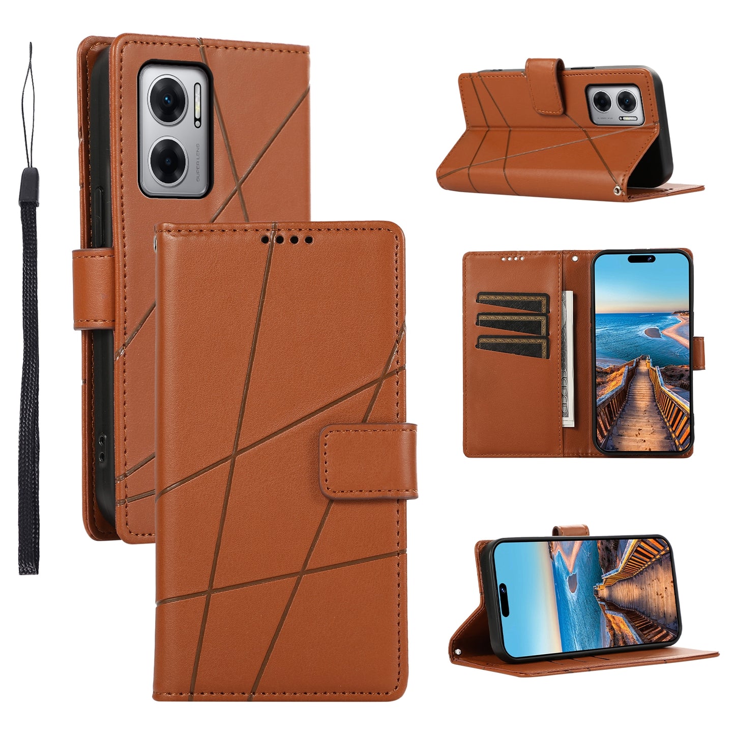 Xiaomi Redmi 10 5G PU Genuine Leather Texture Embossed Line Phone Case with Card Wallet, Kickstand & Wrist Strap