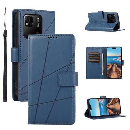 Xiaomi Redmi 10A PU Genuine Leather Texture Embossed Line Phone Case with Card Wallet, Kickstand & Wrist Strap