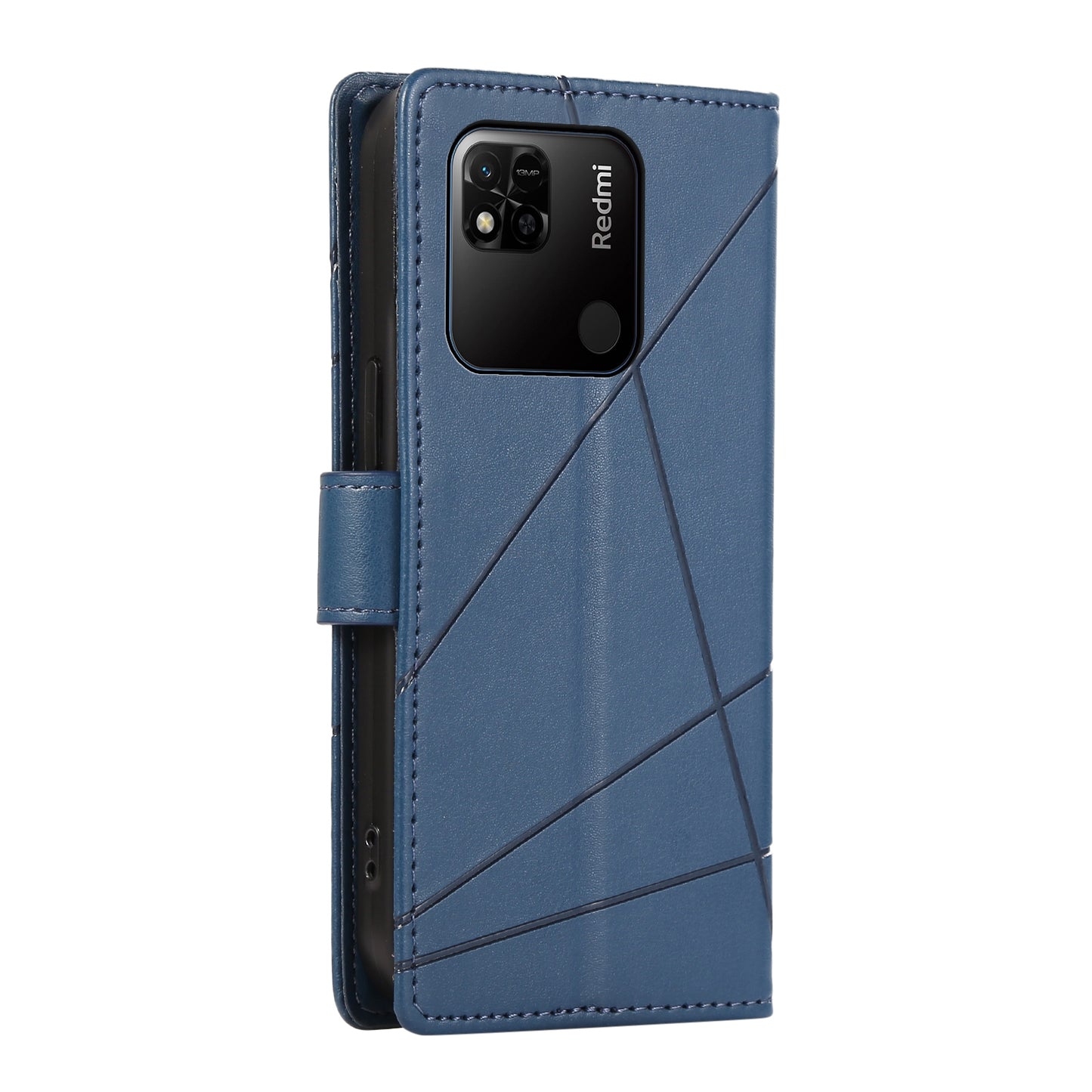 Xiaomi Redmi 10A PU Genuine Leather Texture Embossed Line Phone Case with Card Wallet, Kickstand & Wrist Strap