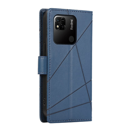 Xiaomi Redmi 10A PU Genuine Leather Texture Embossed Line Phone Case with Card Wallet, Kickstand & Wrist Strap