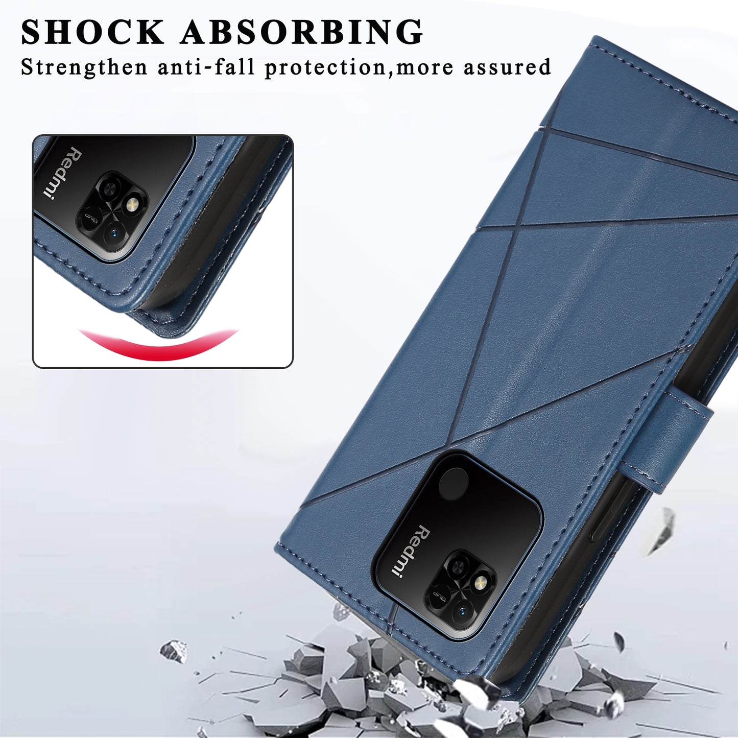Xiaomi Redmi 10A PU Genuine Leather Texture Embossed Line Phone Case with Card Wallet, Kickstand & Wrist Strap