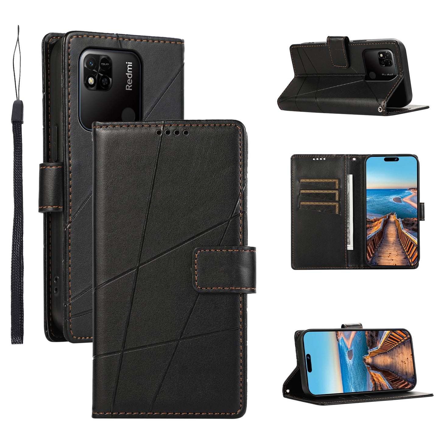 Xiaomi Redmi 10A PU Genuine Leather Texture Embossed Line Phone Case with Card Wallet, Kickstand & Wrist Strap