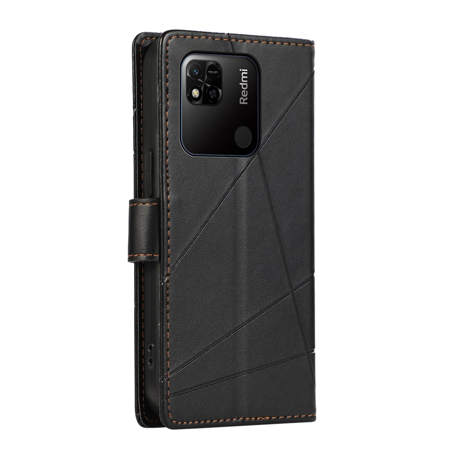 Xiaomi Redmi 10A PU Genuine Leather Texture Embossed Line Phone Case with Card Wallet, Kickstand & Wrist Strap