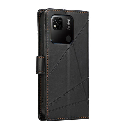 Xiaomi Redmi 10A PU Genuine Leather Texture Embossed Line Phone Case with Card Wallet, Kickstand & Wrist Strap