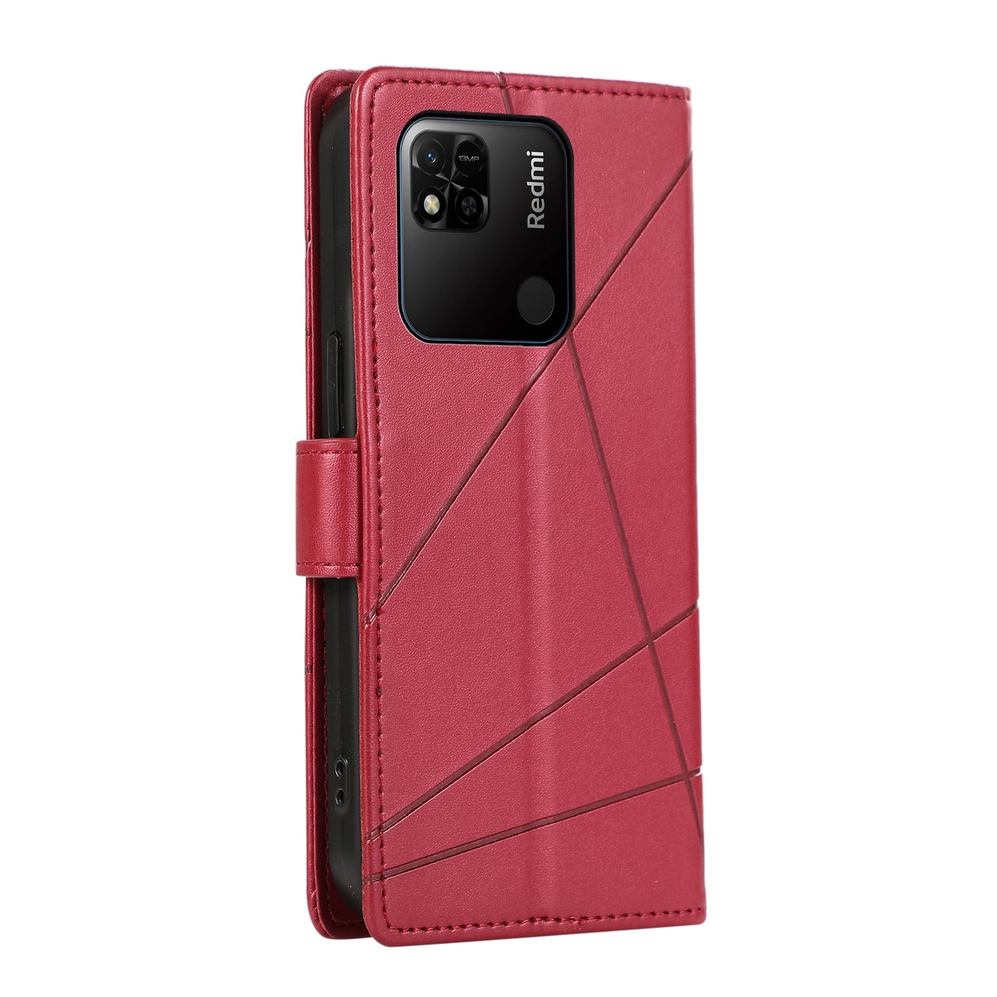 Xiaomi Redmi 10A PU Genuine Leather Texture Embossed Line Phone Case with Card Wallet, Kickstand & Wrist Strap