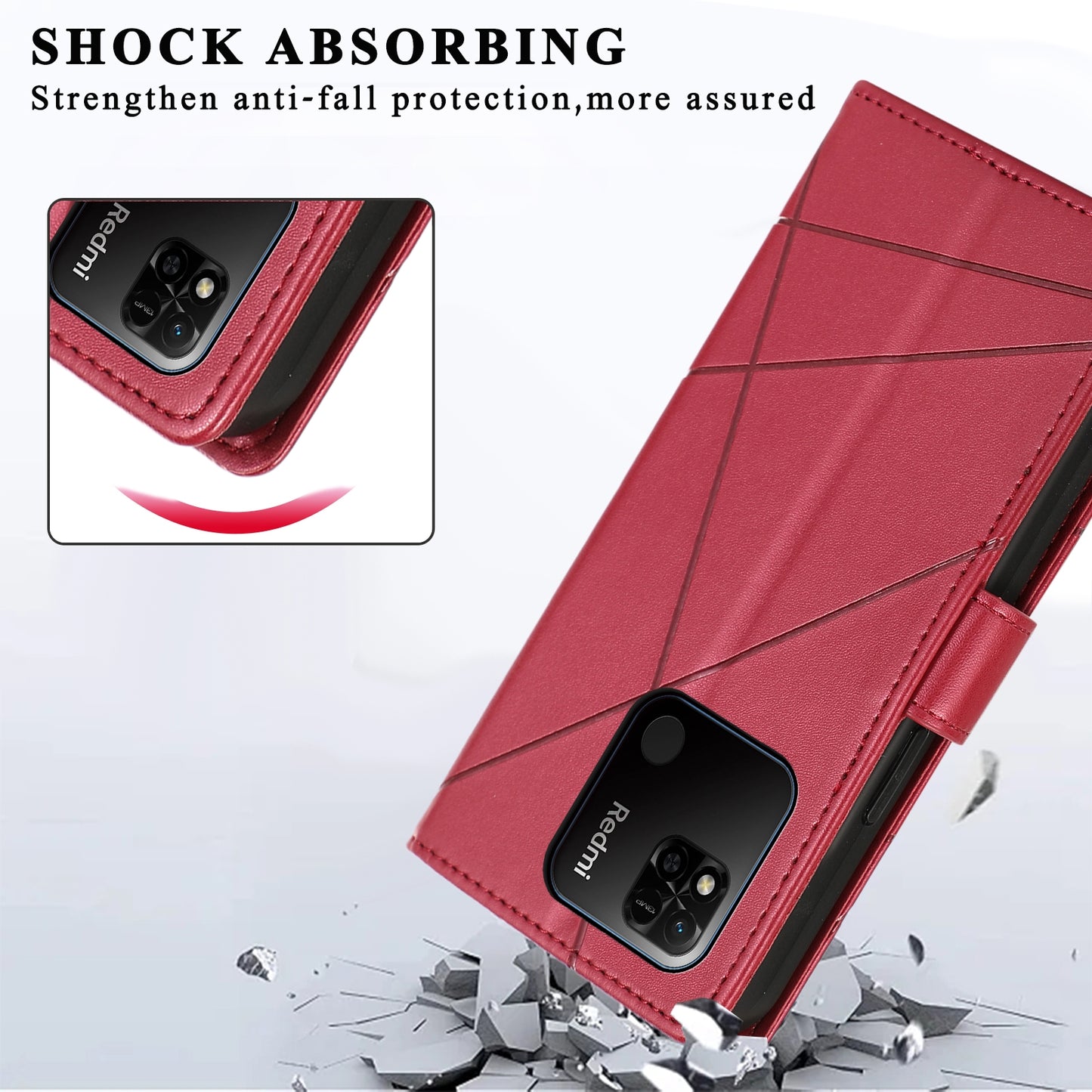 Xiaomi Redmi 10A PU Genuine Leather Texture Embossed Line Phone Case with Card Wallet, Kickstand & Wrist Strap