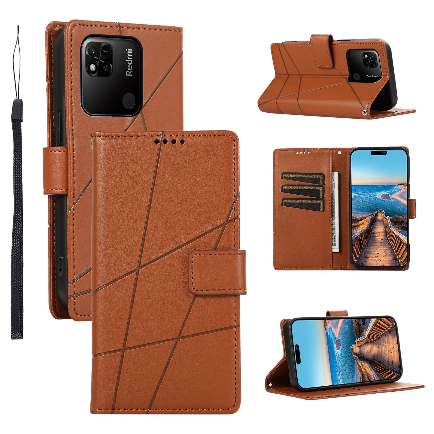Xiaomi Redmi 10A PU Genuine Leather Texture Embossed Line Phone Case with Card Wallet, Kickstand & Wrist Strap
