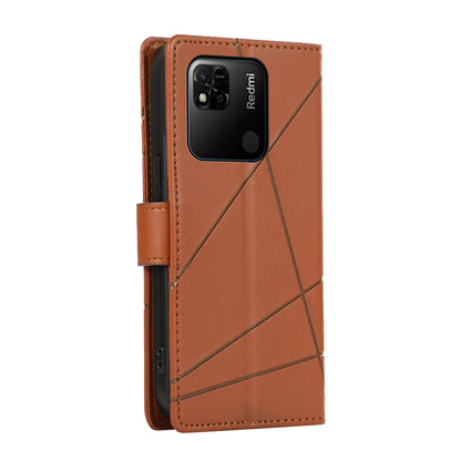 Xiaomi Redmi 10A PU Genuine Leather Texture Embossed Line Phone Case with Card Wallet, Kickstand & Wrist Strap