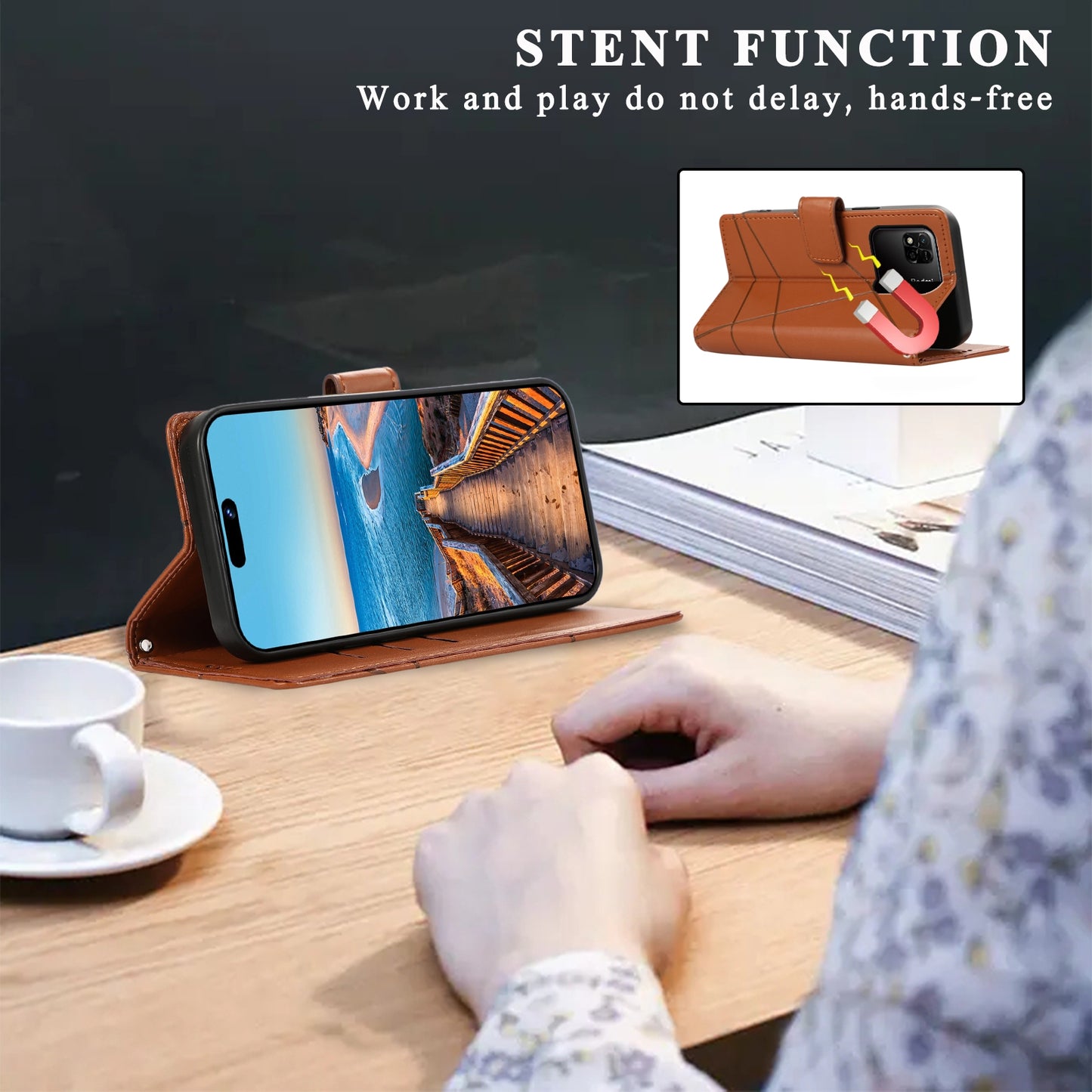 Xiaomi Redmi 10A PU Genuine Leather Texture Embossed Line Phone Case with Card Wallet, Kickstand & Wrist Strap