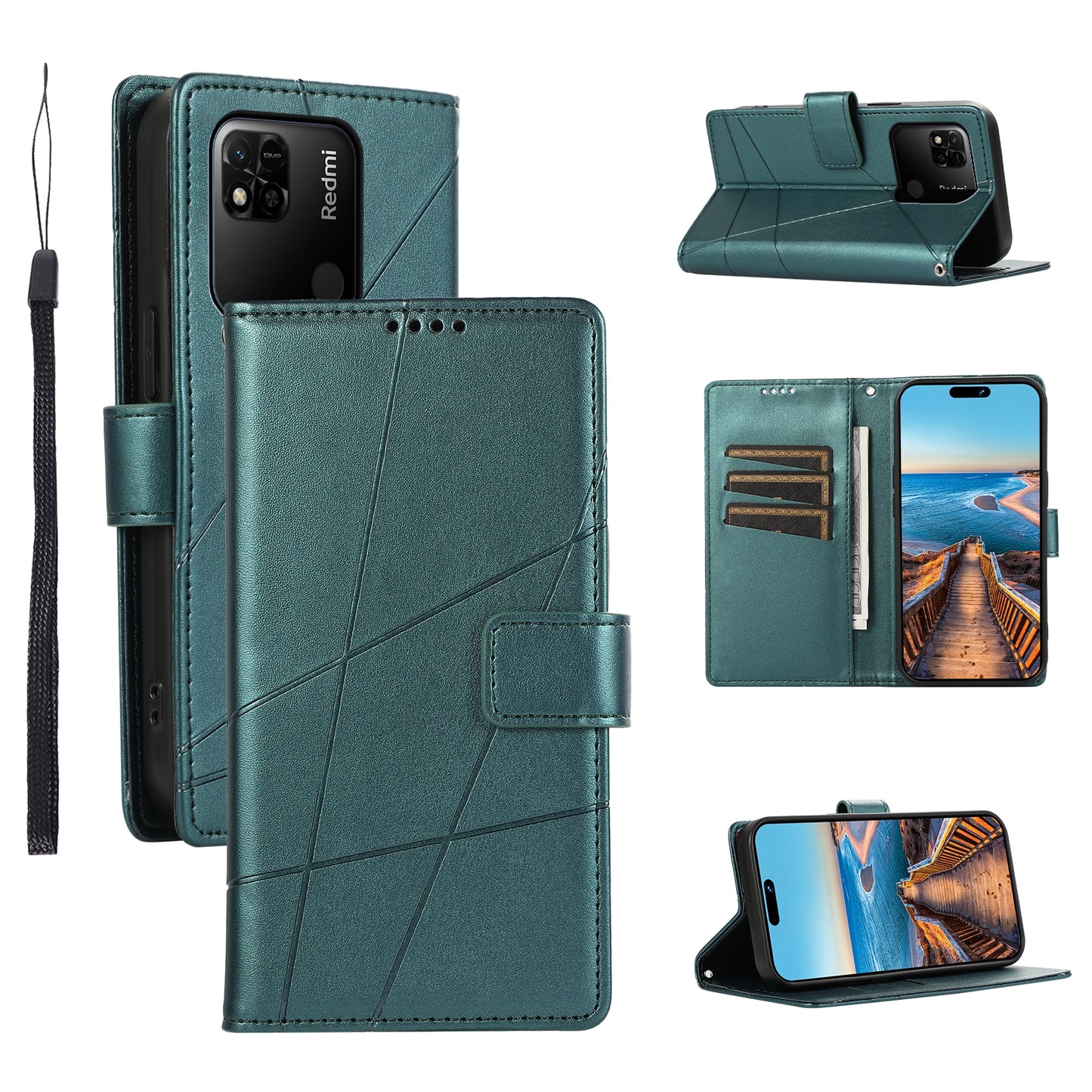 Xiaomi Redmi 10A PU Genuine Leather Texture Embossed Line Phone Case with Card Wallet, Kickstand & Wrist Strap