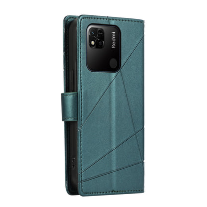 Xiaomi Redmi 10A PU Genuine Leather Texture Embossed Line Phone Case with Card Wallet, Kickstand & Wrist Strap