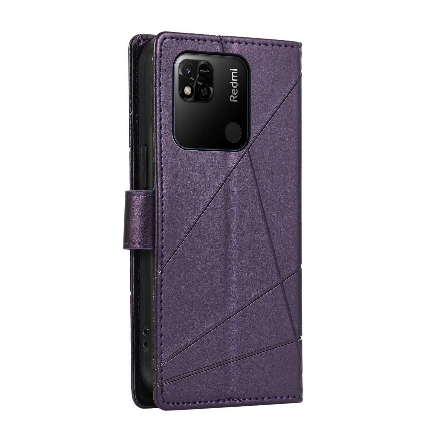 Xiaomi Redmi 10A PU Genuine Leather Texture Embossed Line Phone Case with Card Wallet, Kickstand & Wrist Strap