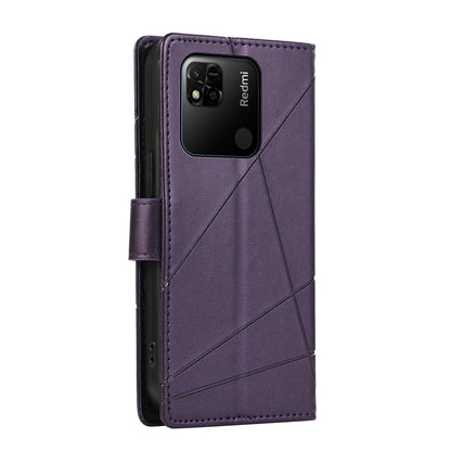 Xiaomi Redmi 10A PU Genuine Leather Texture Embossed Line Phone Case with Card Wallet, Kickstand & Wrist Strap