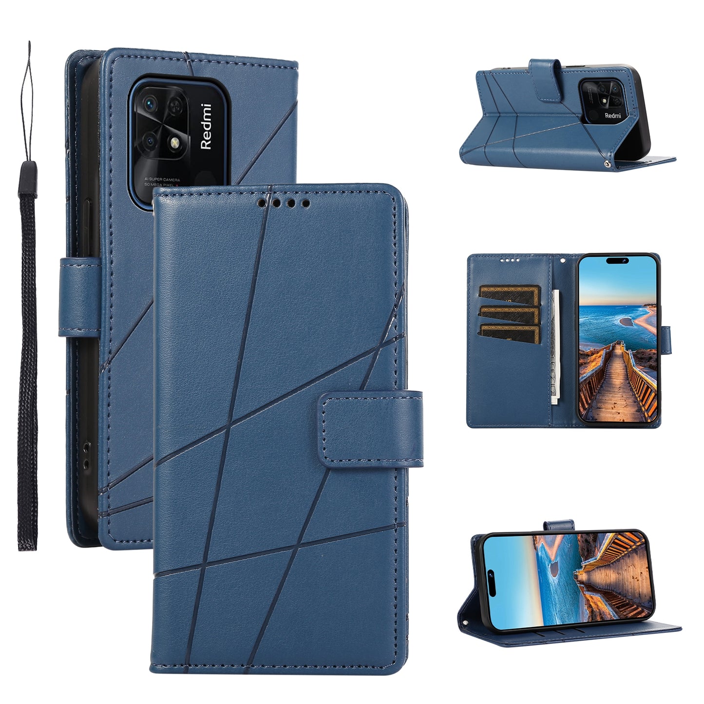 Xiaomi Redmi 10C PU Genuine Leather Texture Embossed Line Phone Case with Card Wallet, Kickstand & Wrist Strap