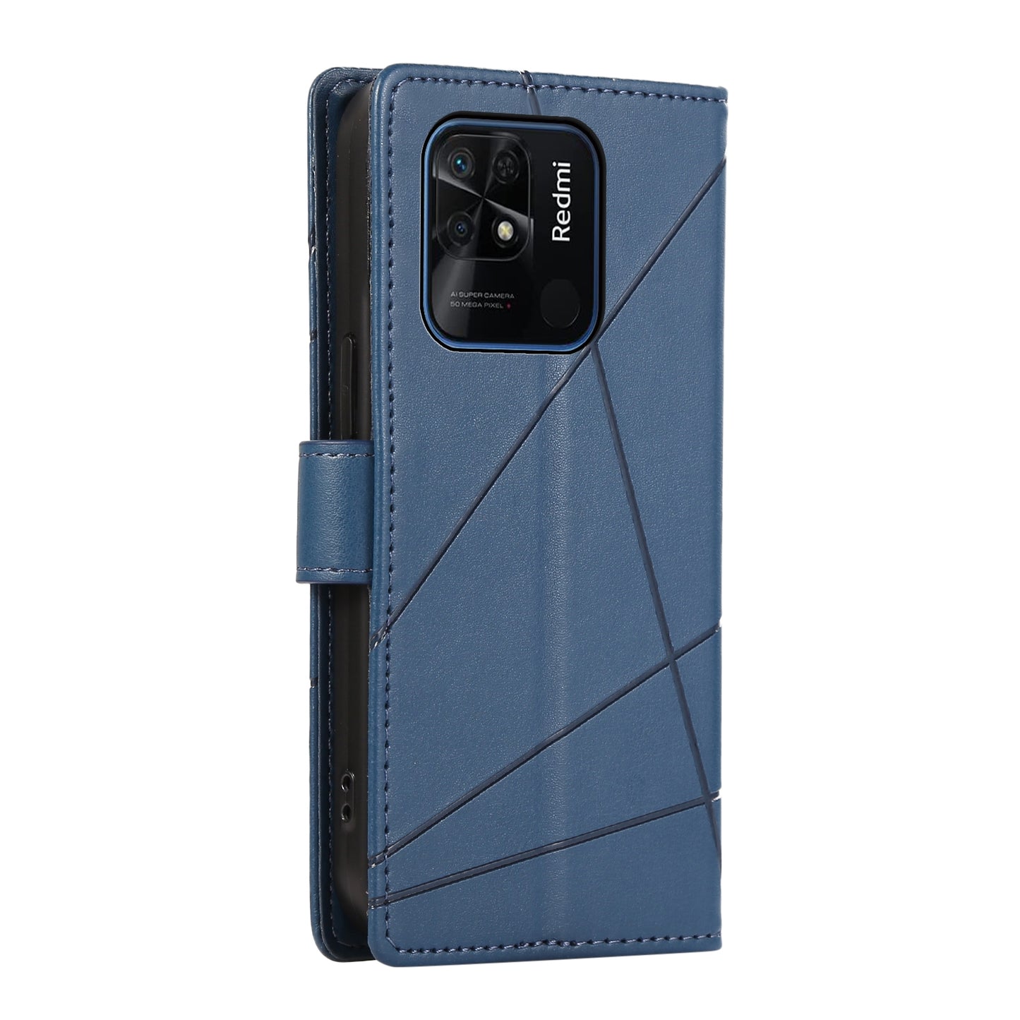 Xiaomi Redmi 10C PU Genuine Leather Texture Embossed Line Phone Case with Card Wallet, Kickstand & Wrist Strap