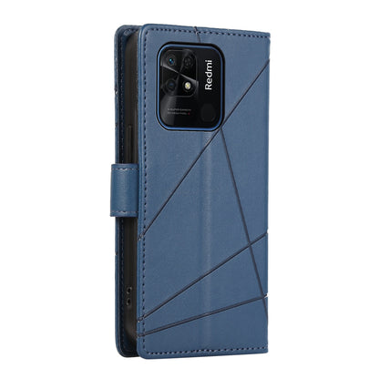 Xiaomi Redmi 10C PU Genuine Leather Texture Embossed Line Phone Case with Card Wallet, Kickstand & Wrist Strap