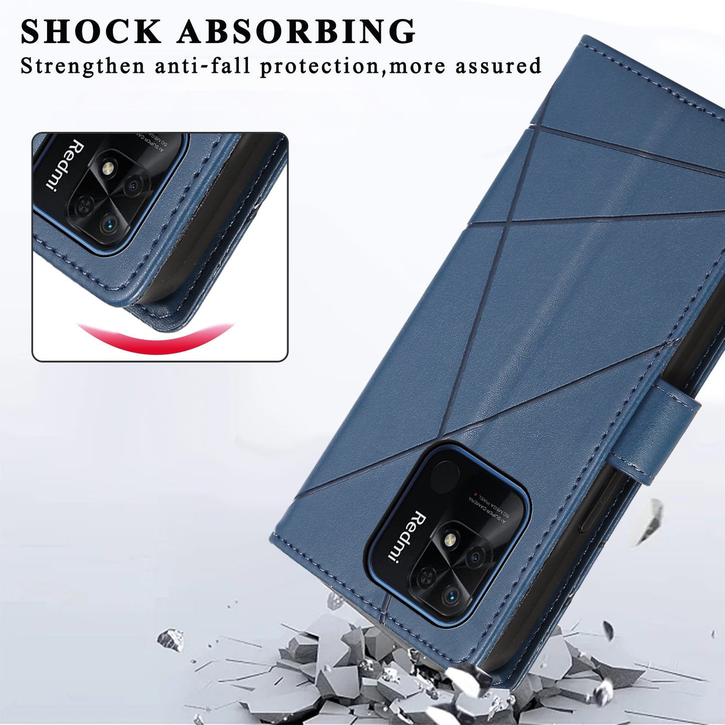 Xiaomi Redmi 10C PU Genuine Leather Texture Embossed Line Phone Case with Card Wallet, Kickstand & Wrist Strap