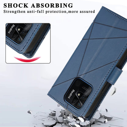 Xiaomi Redmi 10C PU Genuine Leather Texture Embossed Line Phone Case with Card Wallet, Kickstand & Wrist Strap
