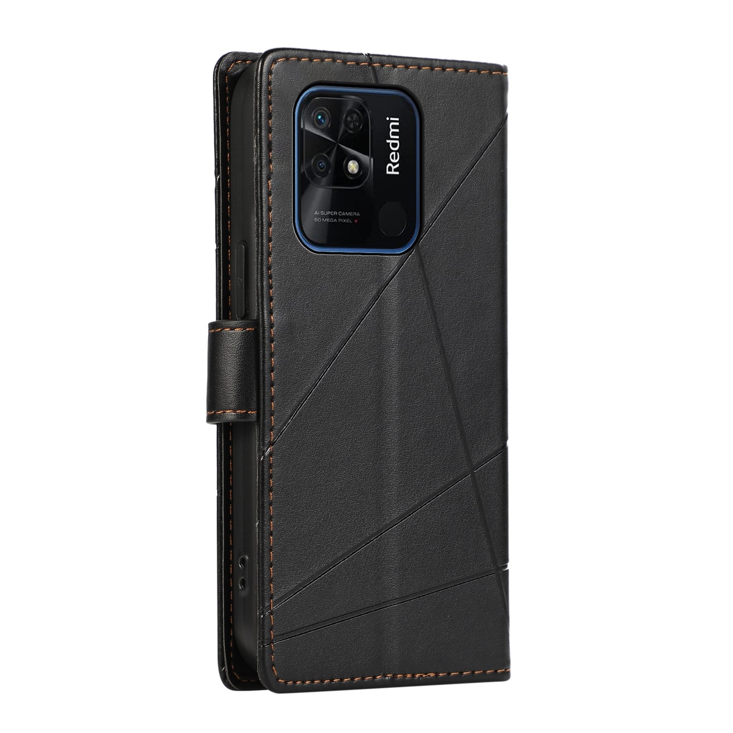 Xiaomi Redmi 10C PU Genuine Leather Texture Embossed Line Phone Case with Card Wallet, Kickstand & Wrist Strap