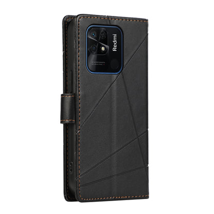 Xiaomi Redmi 10C PU Genuine Leather Texture Embossed Line Phone Case with Card Wallet, Kickstand & Wrist Strap