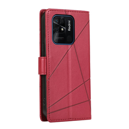 Xiaomi Redmi 10C PU Genuine Leather Texture Embossed Line Phone Case with Card Wallet, Kickstand & Wrist Strap