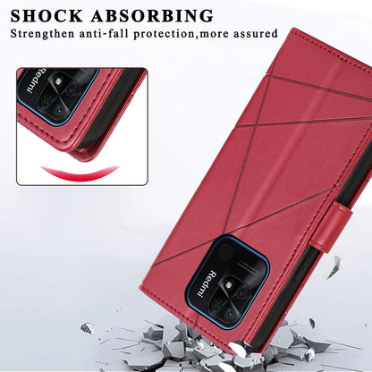 Xiaomi Redmi 10C PU Genuine Leather Texture Embossed Line Phone Case with Card Wallet, Kickstand & Wrist Strap