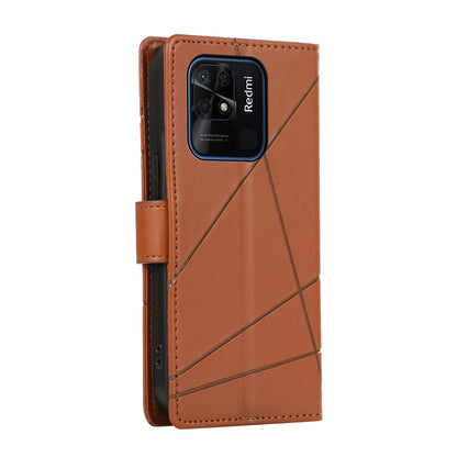 Xiaomi Redmi 10C PU Genuine Leather Texture Embossed Line Phone Case with Card Wallet, Kickstand & Wrist Strap