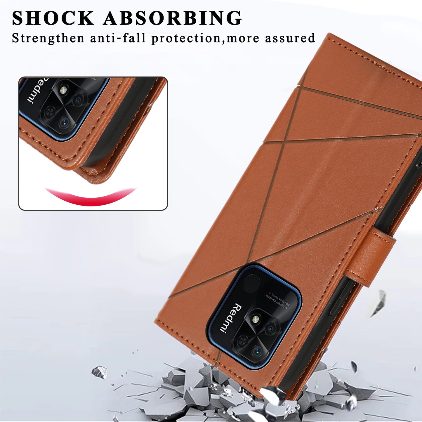 Xiaomi Redmi 10C PU Genuine Leather Texture Embossed Line Phone Case with Card Wallet, Kickstand & Wrist Strap