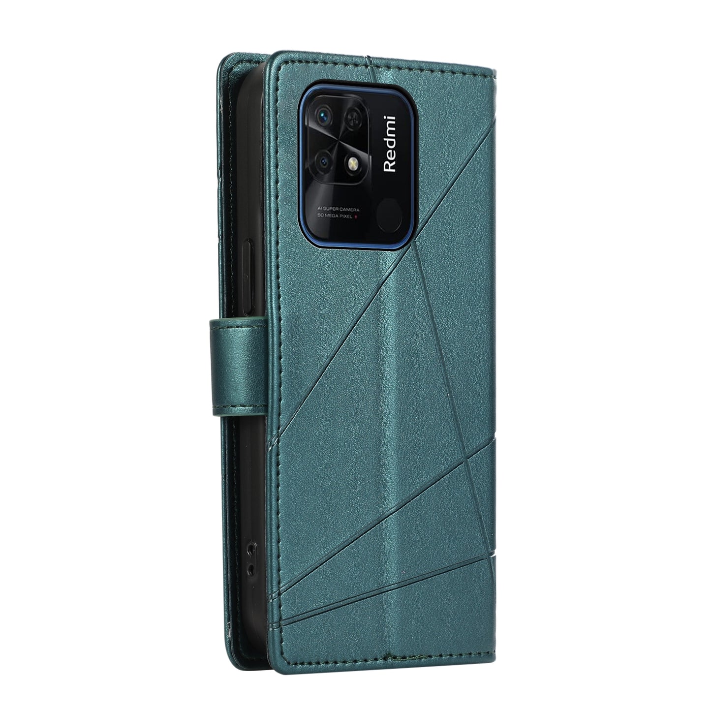 Xiaomi Redmi 10C PU Genuine Leather Texture Embossed Line Phone Case with Card Wallet, Kickstand & Wrist Strap