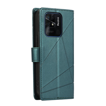 Xiaomi Redmi 10C PU Genuine Leather Texture Embossed Line Phone Case with Card Wallet, Kickstand & Wrist Strap