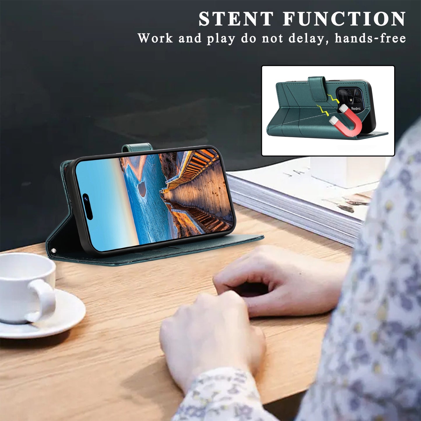 Xiaomi Redmi 10C PU Genuine Leather Texture Embossed Line Phone Case with Card Wallet, Kickstand & Wrist Strap