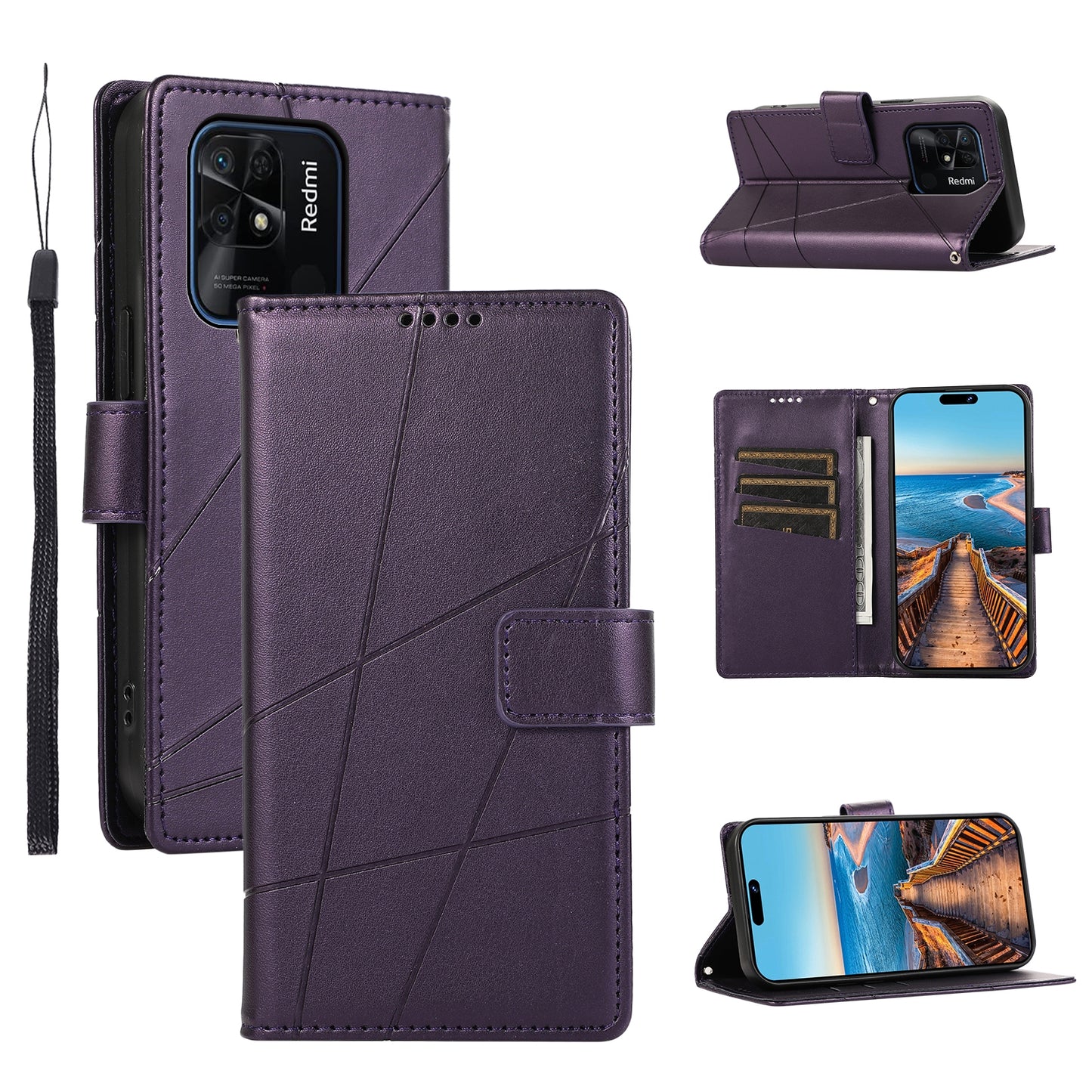Xiaomi Redmi 10C PU Genuine Leather Texture Embossed Line Phone Case with Card Wallet, Kickstand & Wrist Strap
