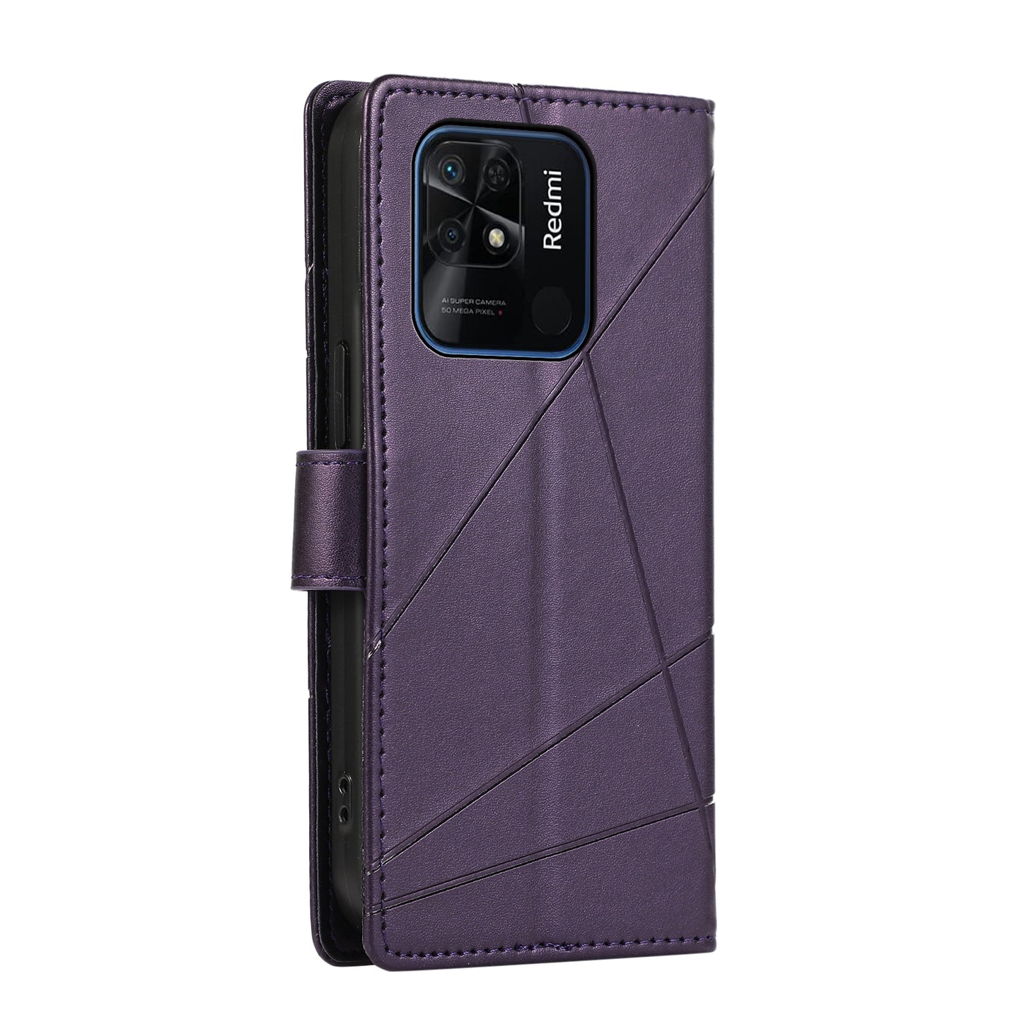 Xiaomi Redmi 10C PU Genuine Leather Texture Embossed Line Phone Case with Card Wallet, Kickstand & Wrist Strap