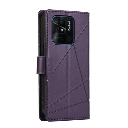Xiaomi Redmi 10C PU Genuine Leather Texture Embossed Line Phone Case with Card Wallet, Kickstand & Wrist Strap