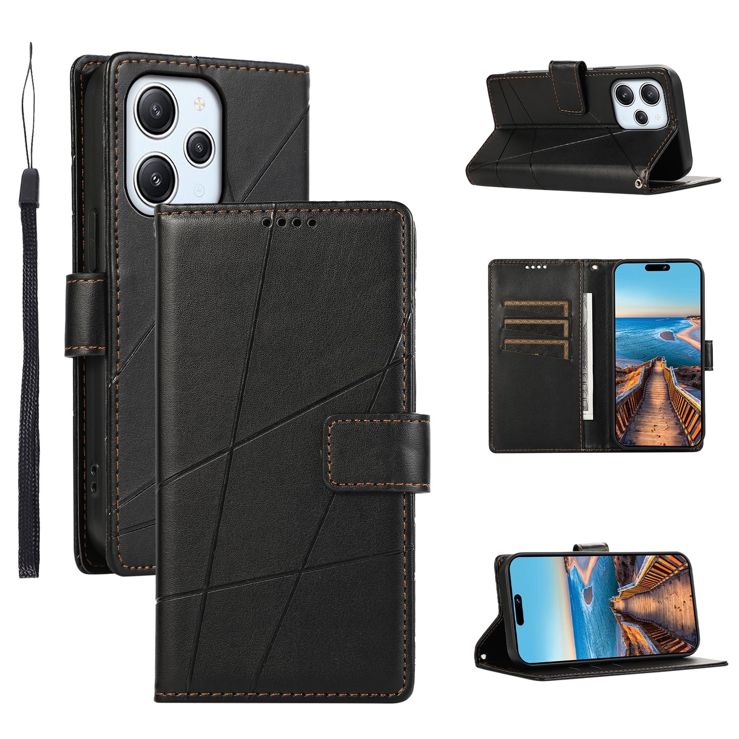 Xiaomi Redmi 12 PU Genuine Leather Texture Embossed Line Phone Case with Card Wallet, Kickstand & Wrist Strap