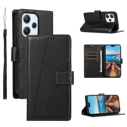 Xiaomi Redmi 12 PU Genuine Leather Texture Embossed Line Phone Case with Card Wallet, Kickstand & Wrist Strap