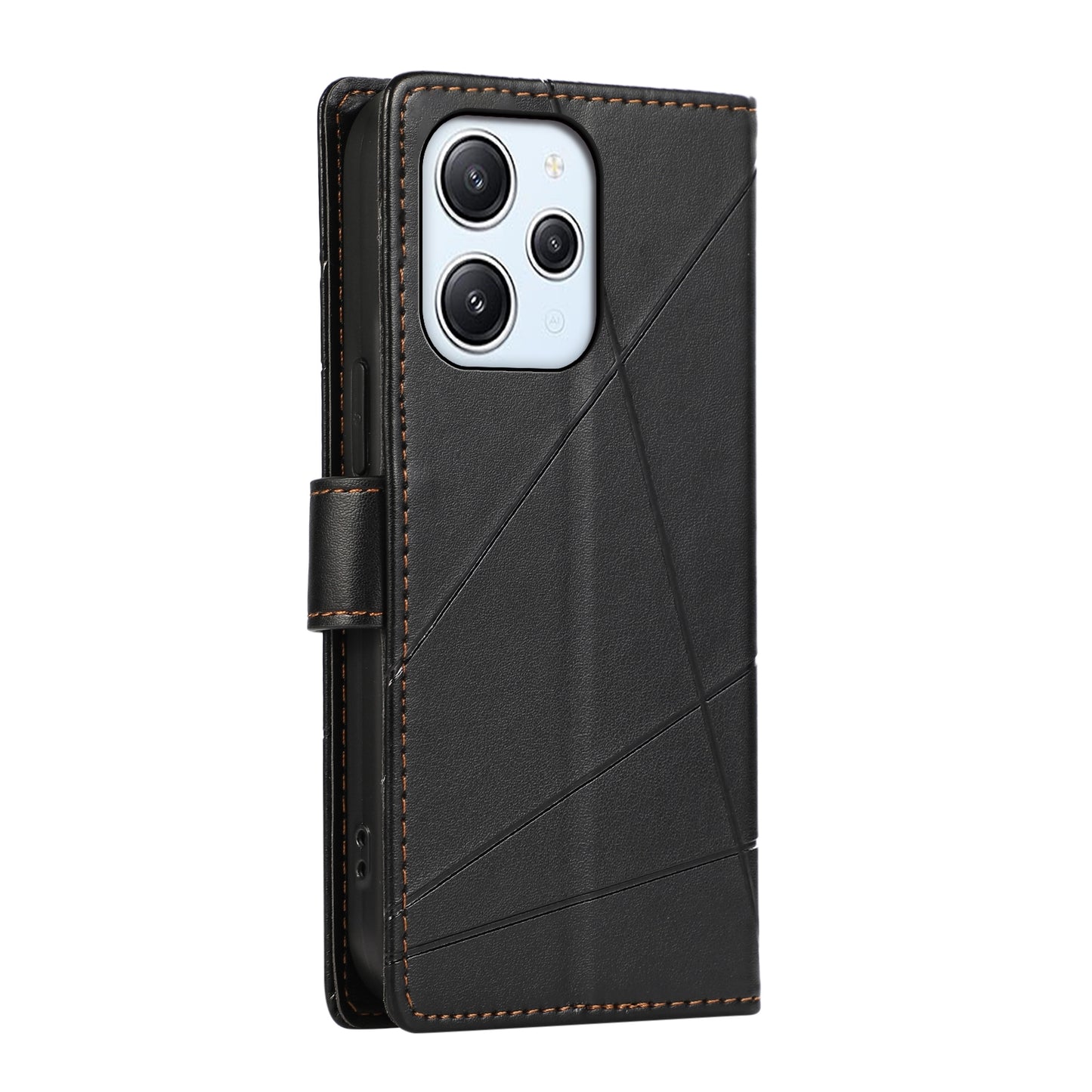 Xiaomi Redmi 12 PU Genuine Leather Texture Embossed Line Phone Case with Card Wallet, Kickstand & Wrist Strap