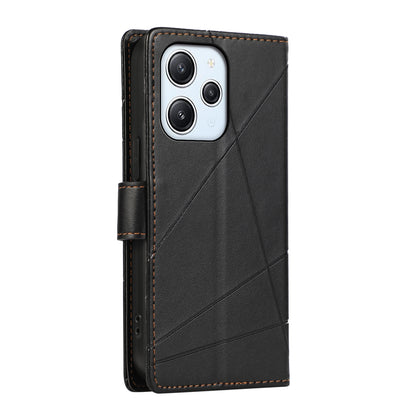 Xiaomi Redmi 12 PU Genuine Leather Texture Embossed Line Phone Case with Card Wallet, Kickstand & Wrist Strap