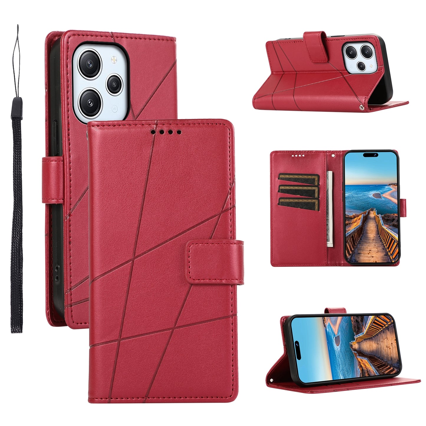 Xiaomi Redmi 12 PU Genuine Leather Texture Embossed Line Phone Case with Card Wallet, Kickstand & Wrist Strap