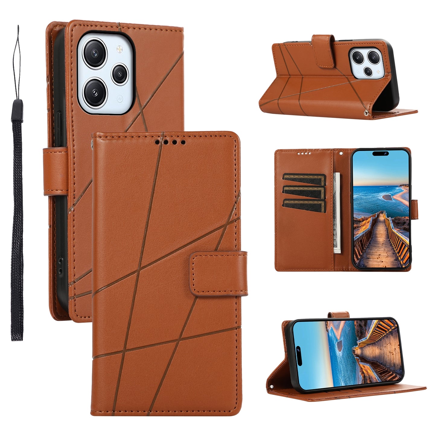 Xiaomi Redmi 12 PU Genuine Leather Texture Embossed Line Phone Case with Card Wallet, Kickstand & Wrist Strap